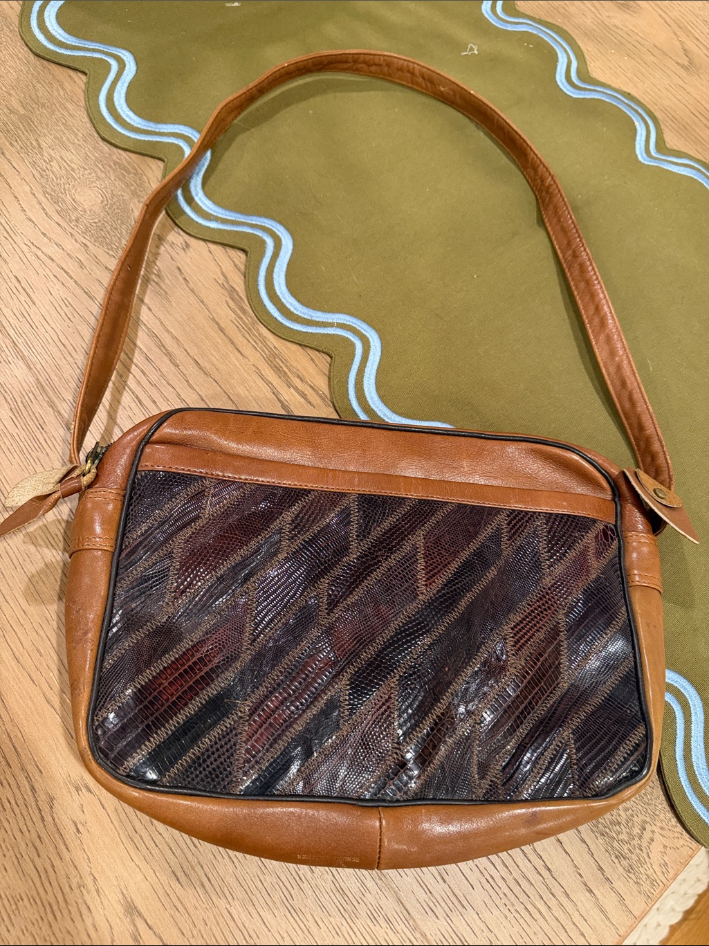 Vtg Miss Tony Lama Tan & Dark Brown Leather Shoulder Bag Textured Accent